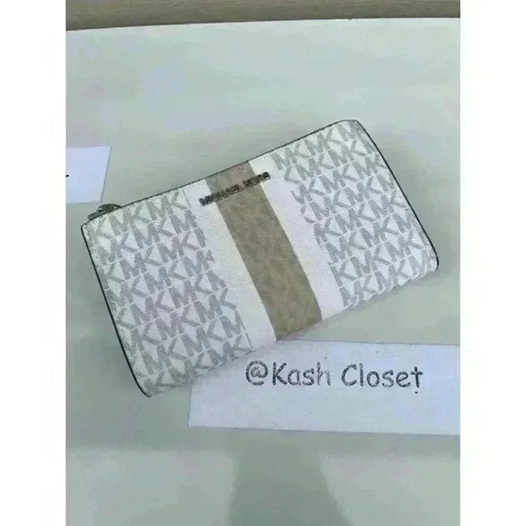 Michael Kors Double Zip Wristlet MK Signature Stripe JetSet Light Sand Multi - Picture 2 of 8